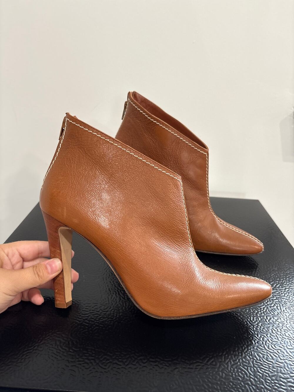 Manolo Blahnik Leather Heeled Booties Contrast Stitching Brown EU 42 US 12